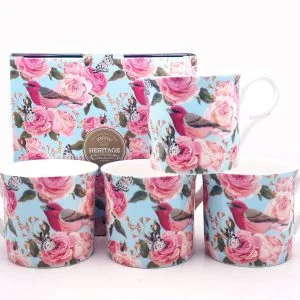 Set Of 4  Fine Bone China Mugs Roses & Birds mugs