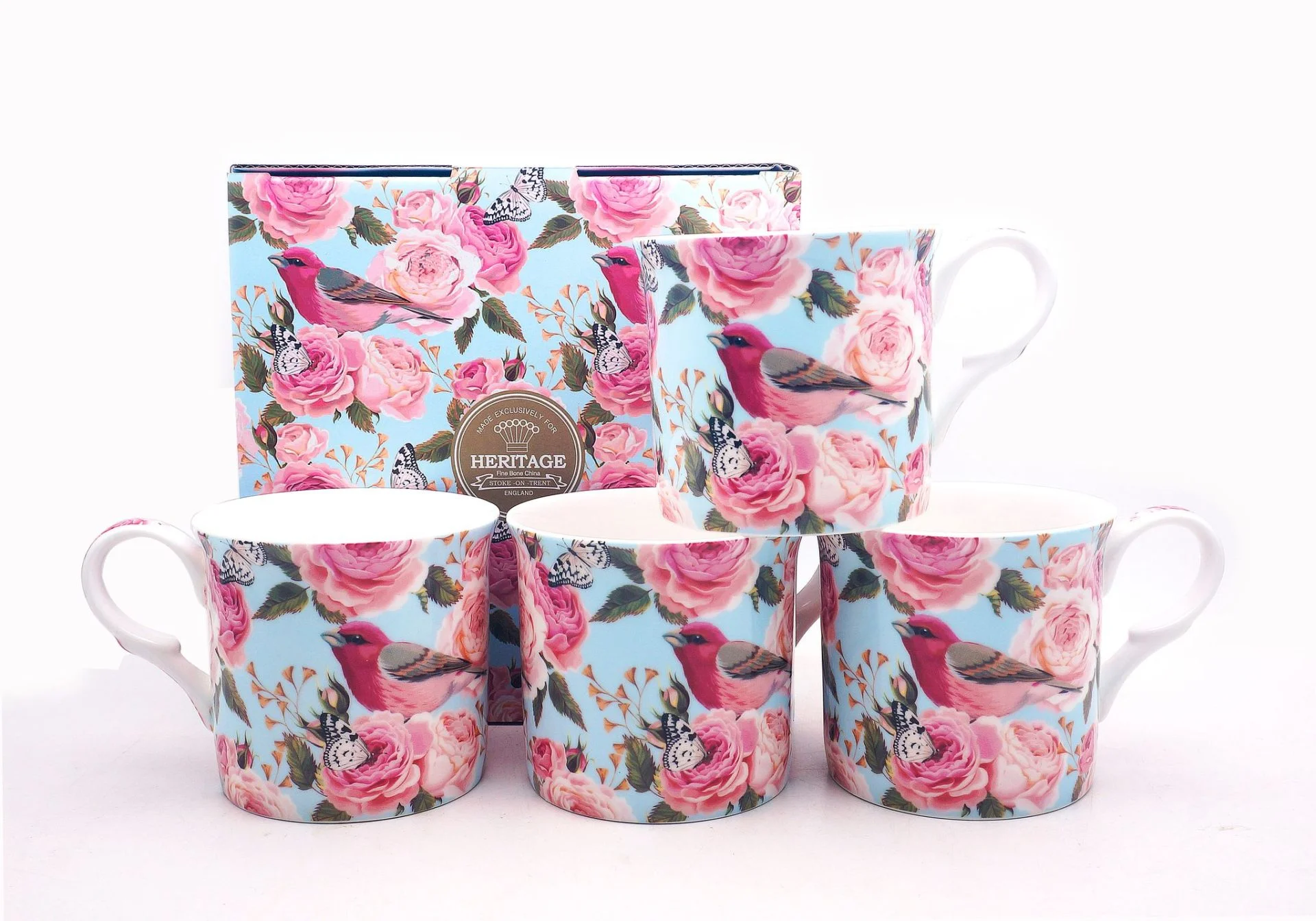 Set Of 4  Fine Bone China Mugs Roses & Birds mugs