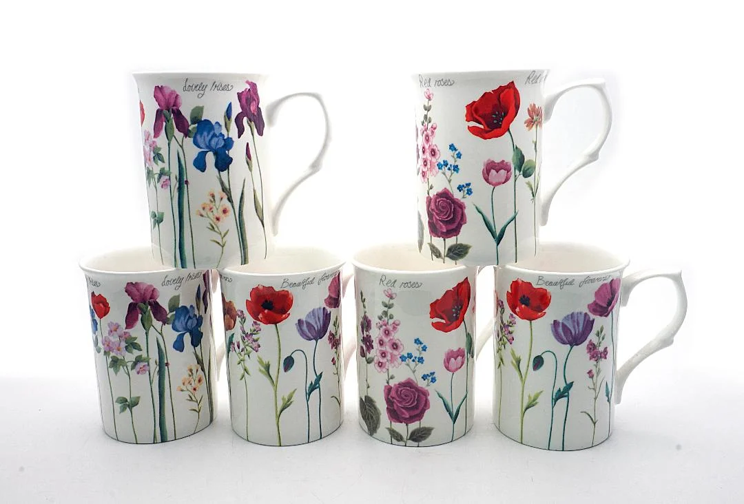 Stem flower set of 6 fine bone china mugs