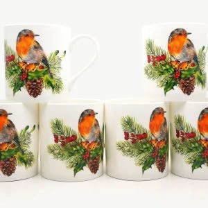 Christmas Robins set of 6 fine bone china mugs