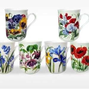Heritage assorted Spring Flowers round bottom set of 6 fine bone china mugs