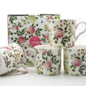 Set Of 4  Fine Bone China Mugs Butterfly Rose