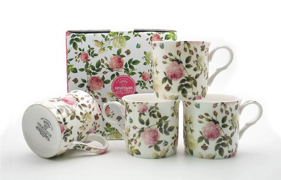 Set Of 4  Fine Bone China Mugs Butterfly Rose