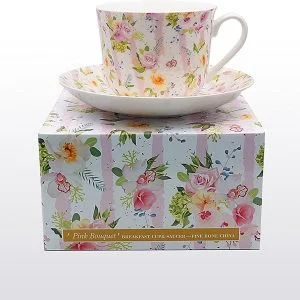 Fine Bone China Breakfast Cup And Saucer PINK BOUQUET