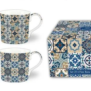 Set Of 4  Fine Bone China Mugs Blue Azulejo