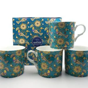 Set Of 4  Fine Bone China Mugs Oriental birds