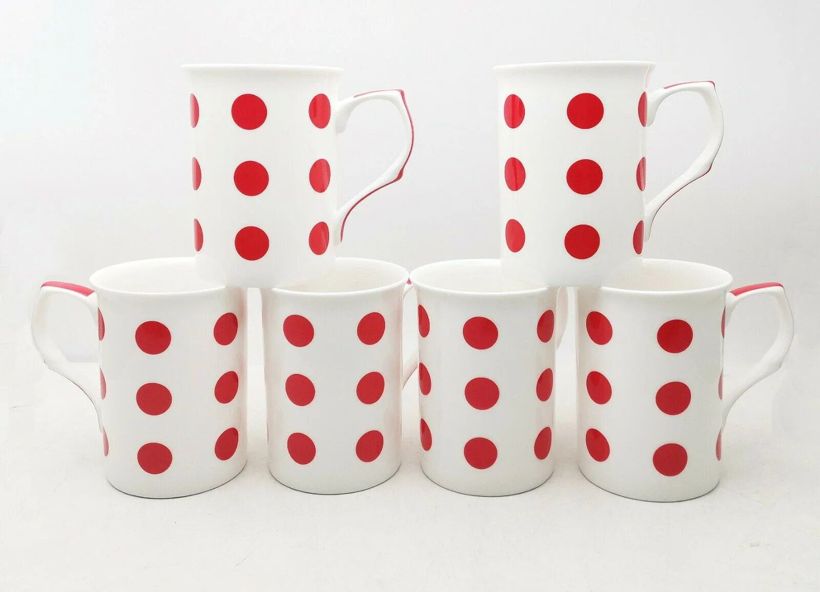 Fine Bone China Set of 6 Red Spotted Mugs