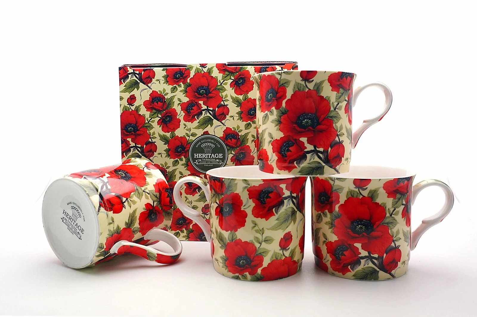 Set Of 4 Gift Poppy Chintz Fine Bone China Mugs