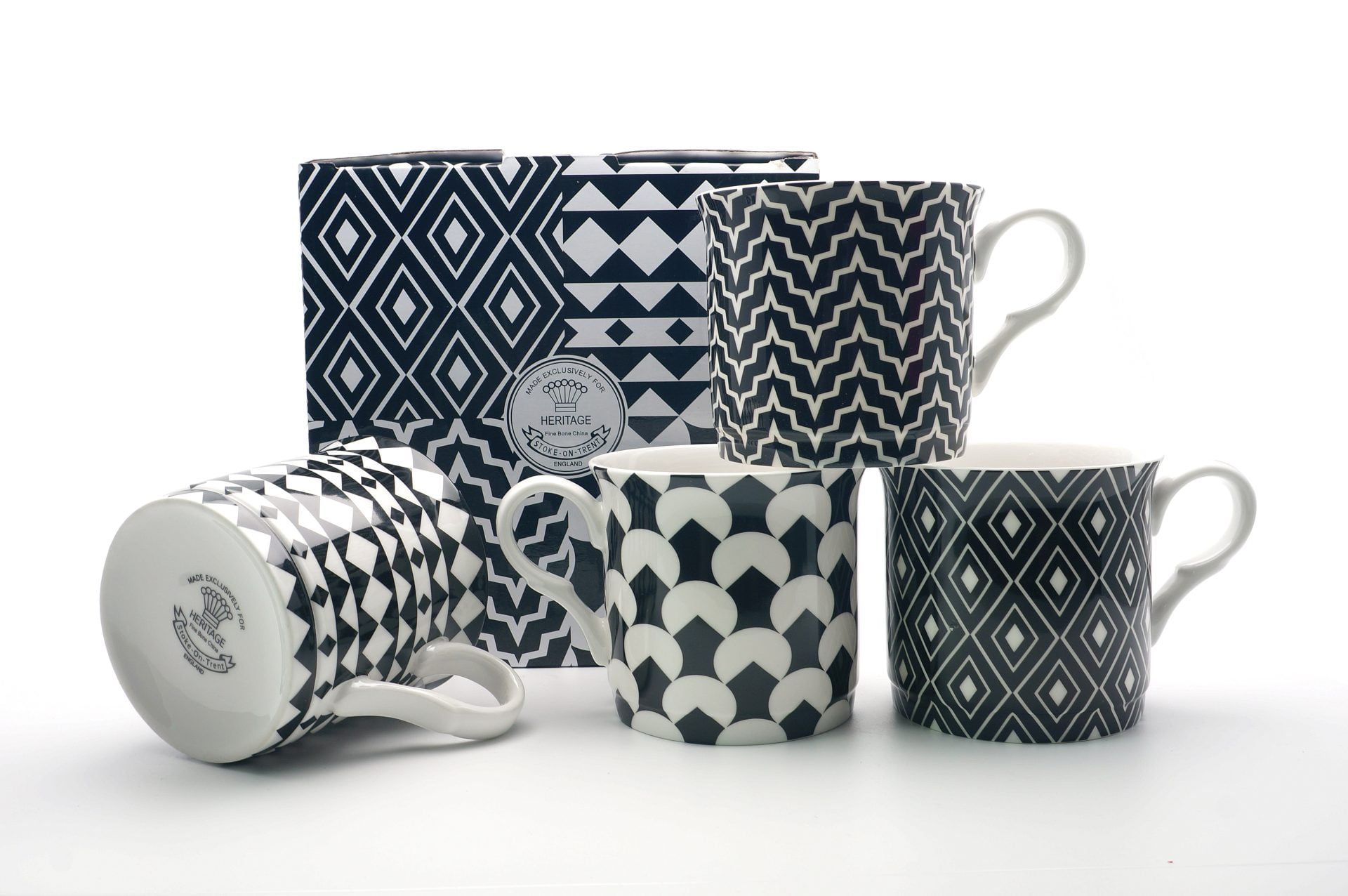Set Of 4 Gift Shades of Black Fine Bone China Mugs