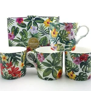 Set Of 4 Gift Tropical Leaves  Fine Bone China Mugs