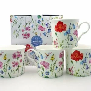 Set Of 4 Gift Spring Flowers Fine Bone China Mugs