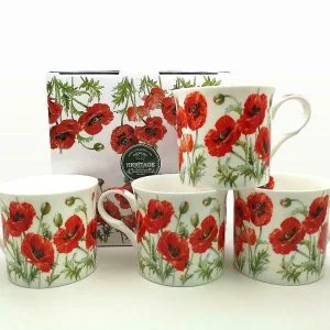 Set Of 4 Gift Summer  Poppy  Fine Bone China Mugs